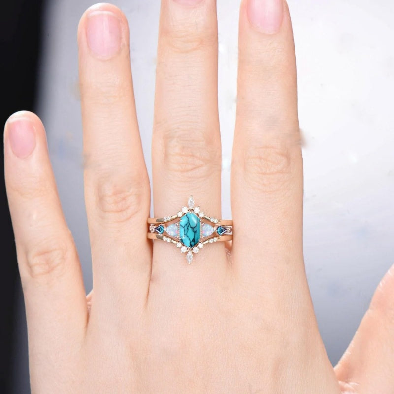 Sterling Silver 10K 14K 18K Gold Turquoise Engagement  Wedding Ring Set for Women