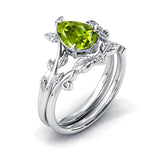 Sterling Silver 10K 14K 18K Gold 1ct Pear Shaped Gemstone Deco Vine Leaf Gemstone  Engagement Ring Wedding Ring Sets