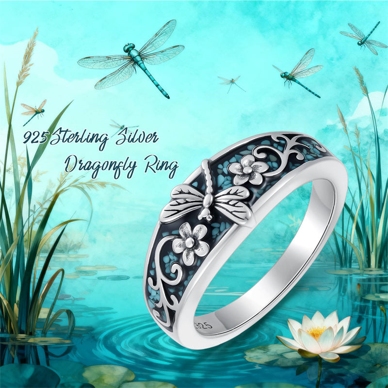 Sterling Silver Turquoise  Dragonfly Hummingbird Turtle Butterfly Mountain Celtic Knot Lotus Ring  Gifts for Women