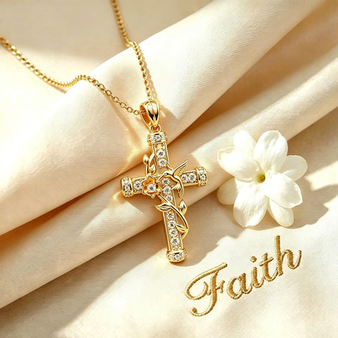 14K Gold Plated Cubic Zirconia Hummingbird Cross Necklace for Women Inspirational Jewelry Birthday Gift