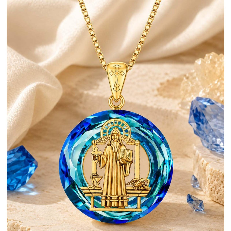 14K Gold Plated Blue Crystal Saint Protection Pendant Necklace Amulet Baptism Gift