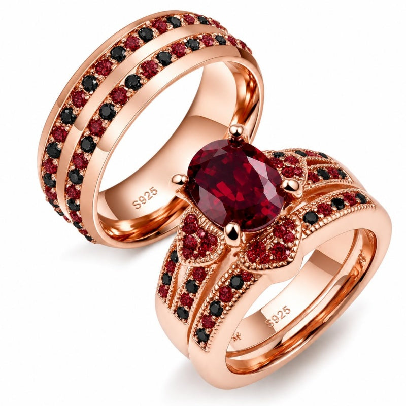 Sterling Silver 10K 14K 18K Gold Personalized Engraved  Halloween Dark Red Gemstone Couple Ring Set