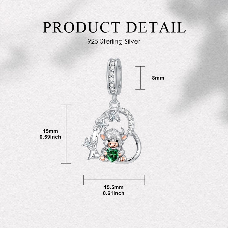 Sterling Silver 12 Month Birthstone Highland Cow Charm Beads