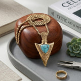 14K Gold Plated Moss Agate Turquoise Valknut Viking Arrow Head Pendant Necklace for Men