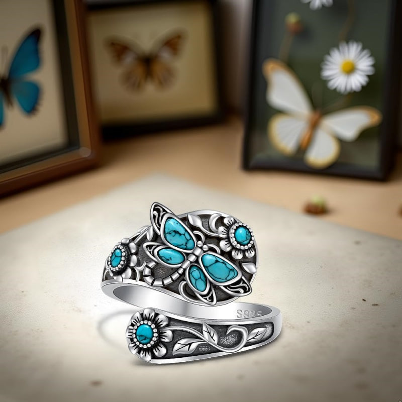 Sterling Silver Turquoise Hummingbird Butterfly Sunflower Adjustable Spoon Ring