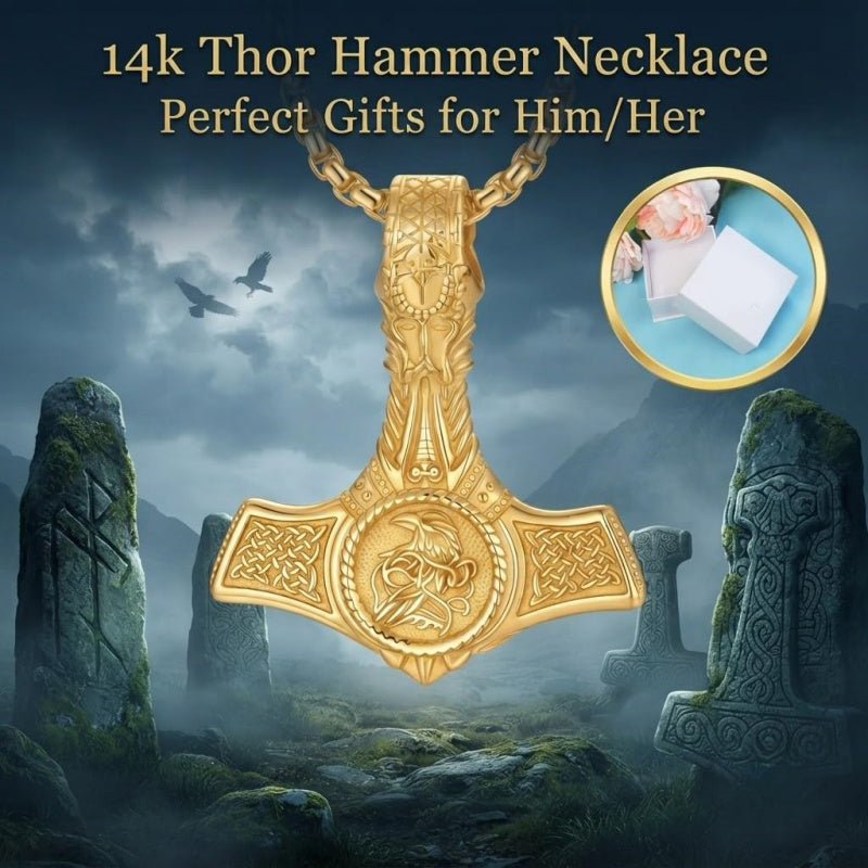 14K Gold Plated Celtic Knot Viking Thor Hammer Pendant Necklace