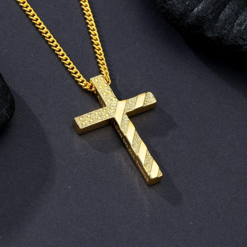 Bible Verse 14K Gold Plated American Flag Cross Necklace for Men