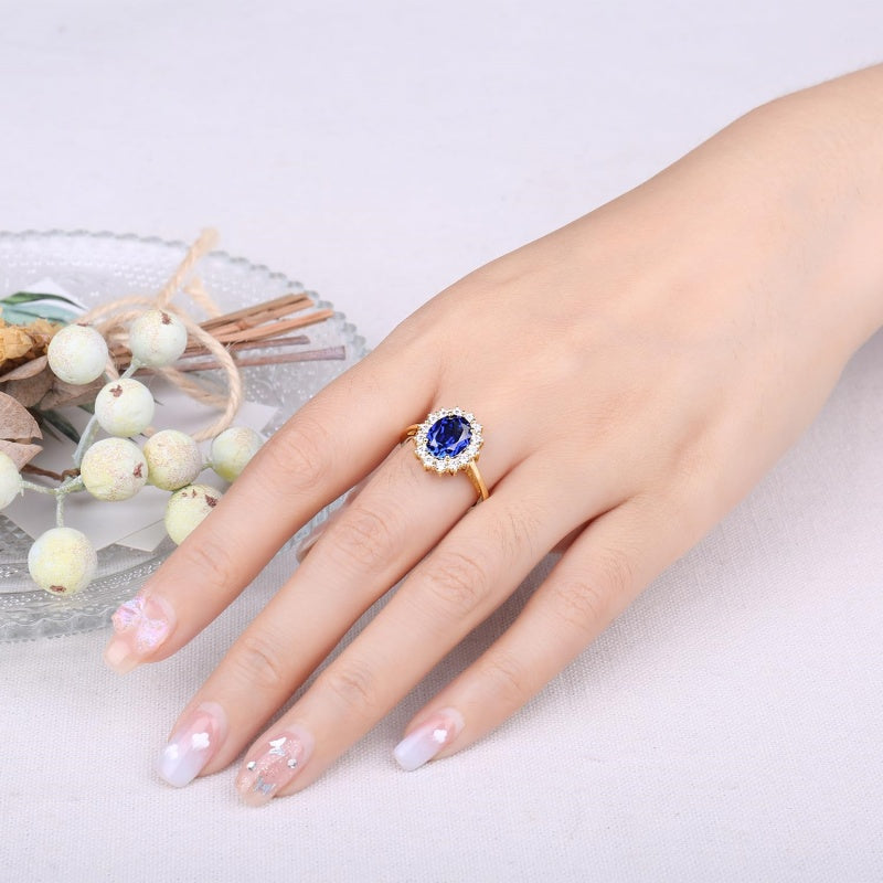 14K Yellow Gold Plated Birthstone Halo Engagement Rings for Women