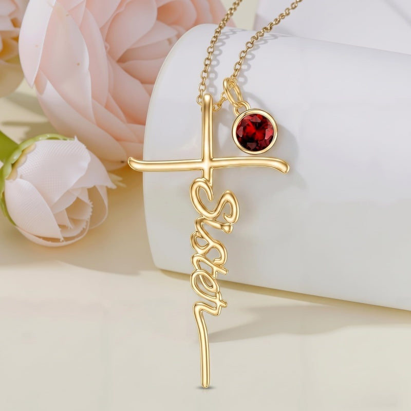 14K Gold Plated Birthstone Sister Cross  Pendant Necklace