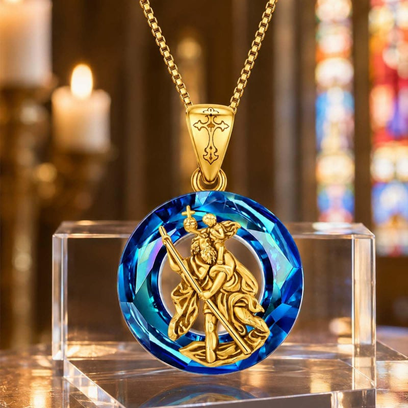 14K Gold Plated Blue Crystal Saint Protection Pendant Necklace Amulet Baptism Gift