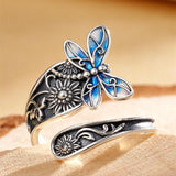 Sterling Silver Adjustable  Sunflower& Dragonfly  Spoon Ring