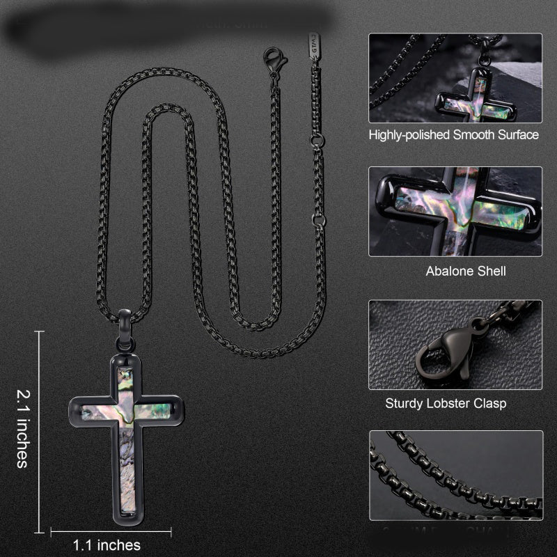14K Gold Plated Wooden Abalone Shell Cross Pendant Necklacefor Men