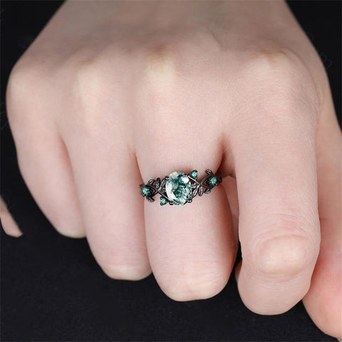 Sterling Silver 10K 14K 18K Gold Natural Leaf  Moss Agate Engagement Anniversary Couple Ring Sets