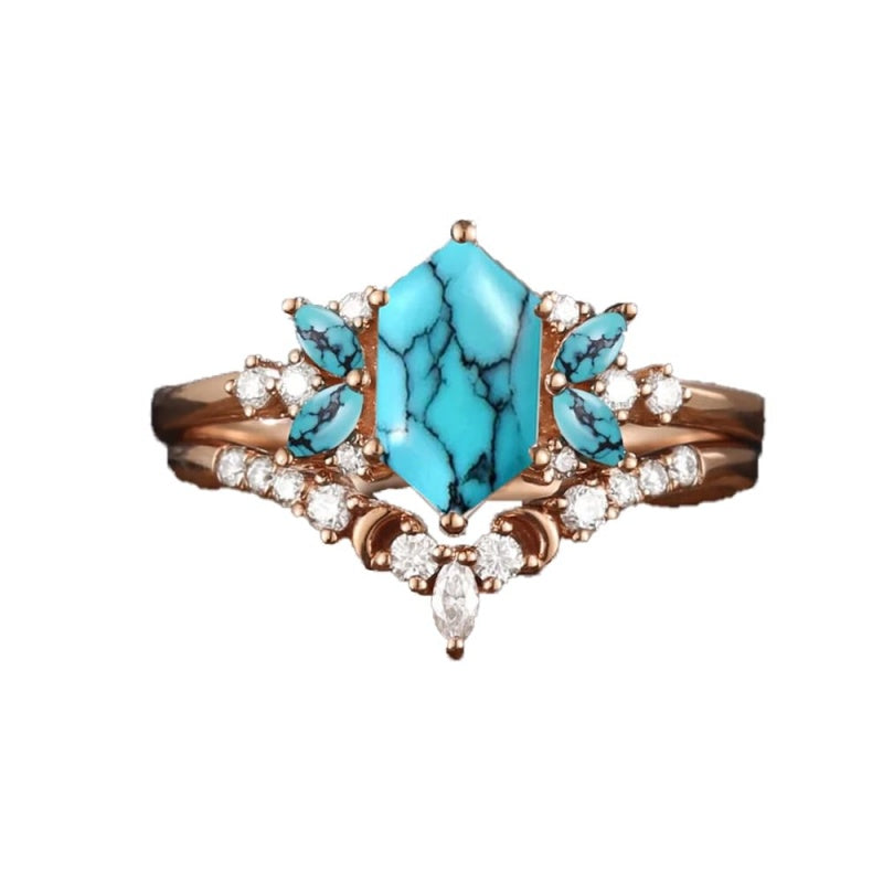 Sterling Silver 10K 14K 18K Gold Turquoise Engagement  Wedding Ring Set for Women