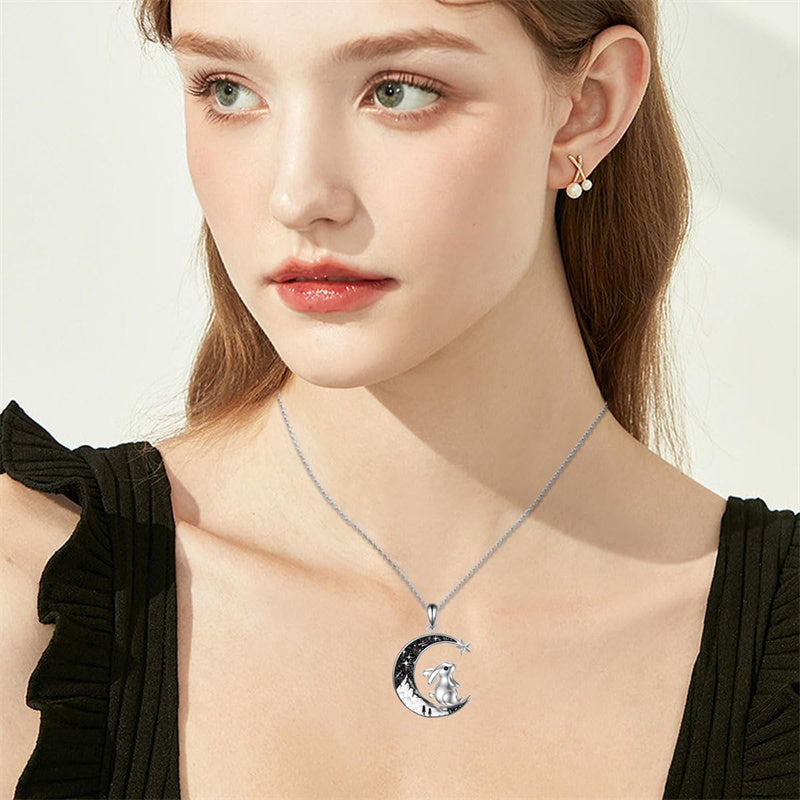 Crescent Moon 2 Cat Bat Black Cat Bunny Fox Highland Cow Horse Pendant Necklace Mother's Day Gift