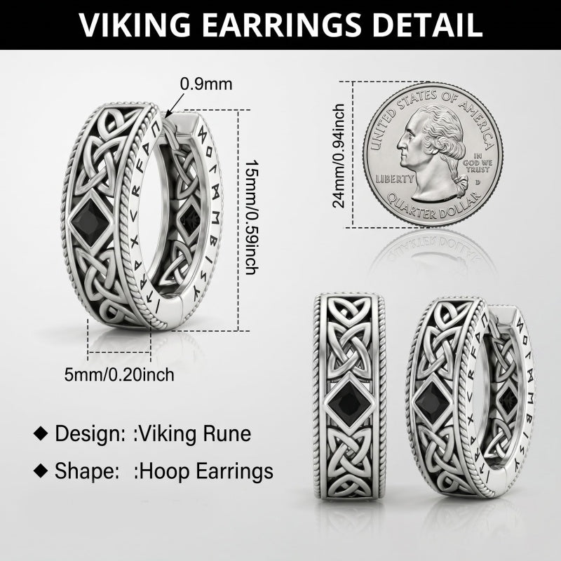 14K Gold Plated  Cubic Zircon Norse Viking Runes Hoop Earrings Viking Jewelry Gift for Men