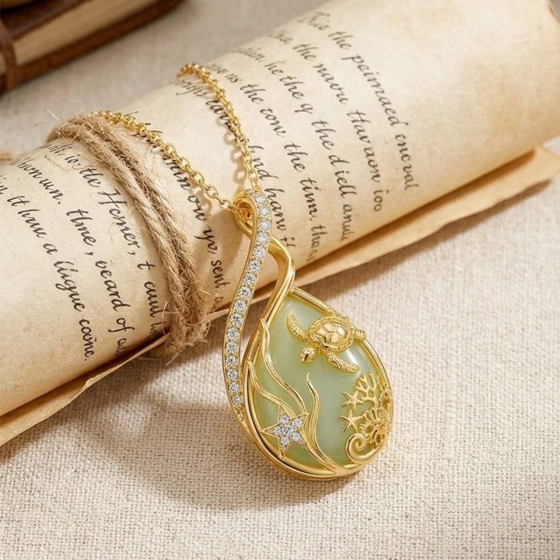 14K Gold Plated Jade Hummingbird Butterfly Dragonfly Turtle Animal Pendant Necklace