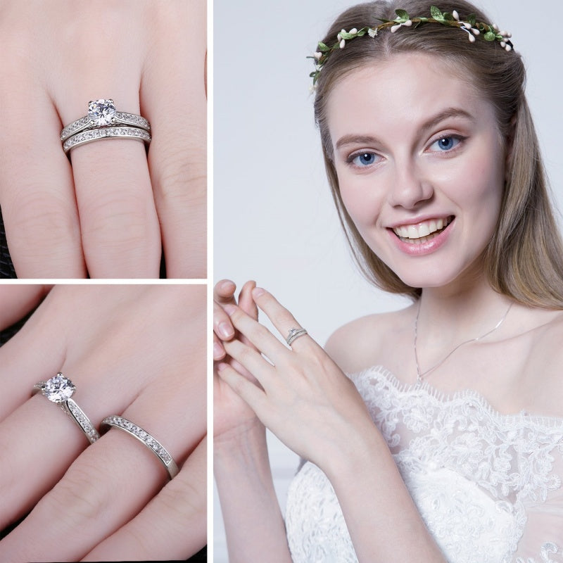 14K Gold Plated 1CT Cubic Zirconia  Wedding Eternity Band Engagement Ring Set for Women