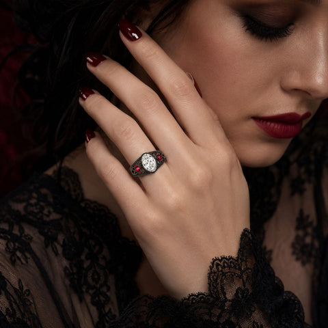 Sterling Silver 10K 14K 18K Gold Custom Engraved  Moissanite Gothic Ring for Women Halloween Gift