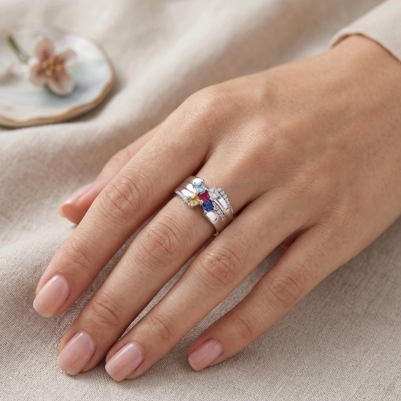 10K 14K 18K Gold Square Shaped Personalized 1-5 Birthstone  Family Mother's Ring Anniversary Ring for Women