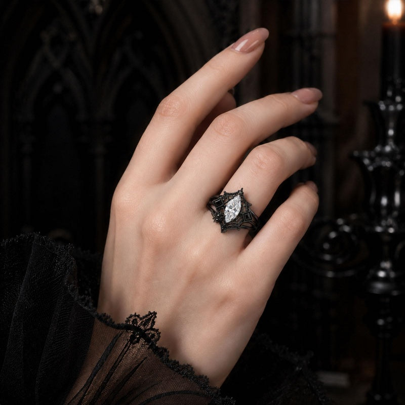 Sterling Silver 10K 14K 18K Gold Moissanite Gothic Black  Engagement Wedding Ring  for Women