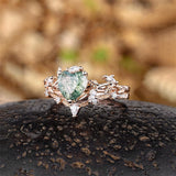 Sterling Silver 2CT Heart Green Moss Agate Wedding Engagement Ring Set for Women