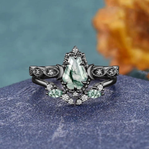 Sterling Silver 2CT Moss Agate  Engagement Wedding Ring Sets for Women