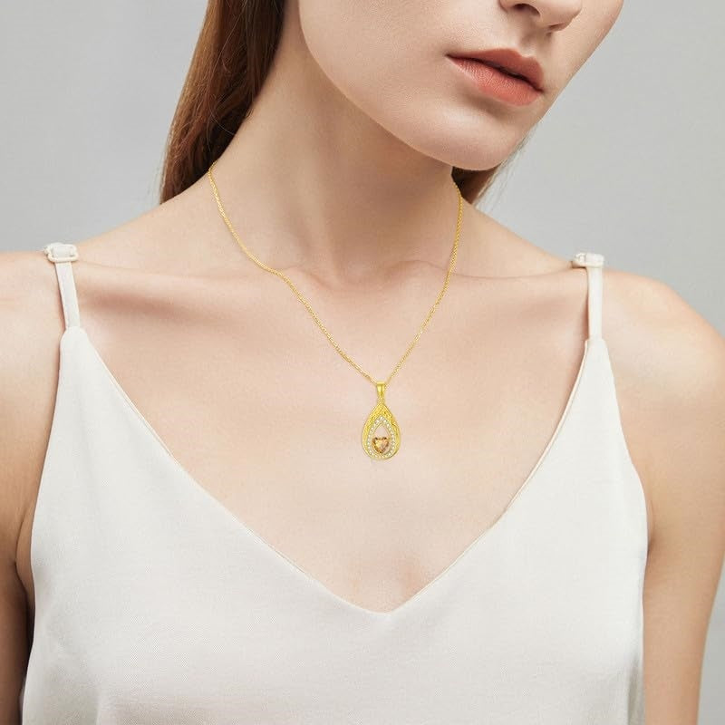 Vintage Teardrop Birthstone 14K Yellow Gold Plated Pendant Necklace for Women