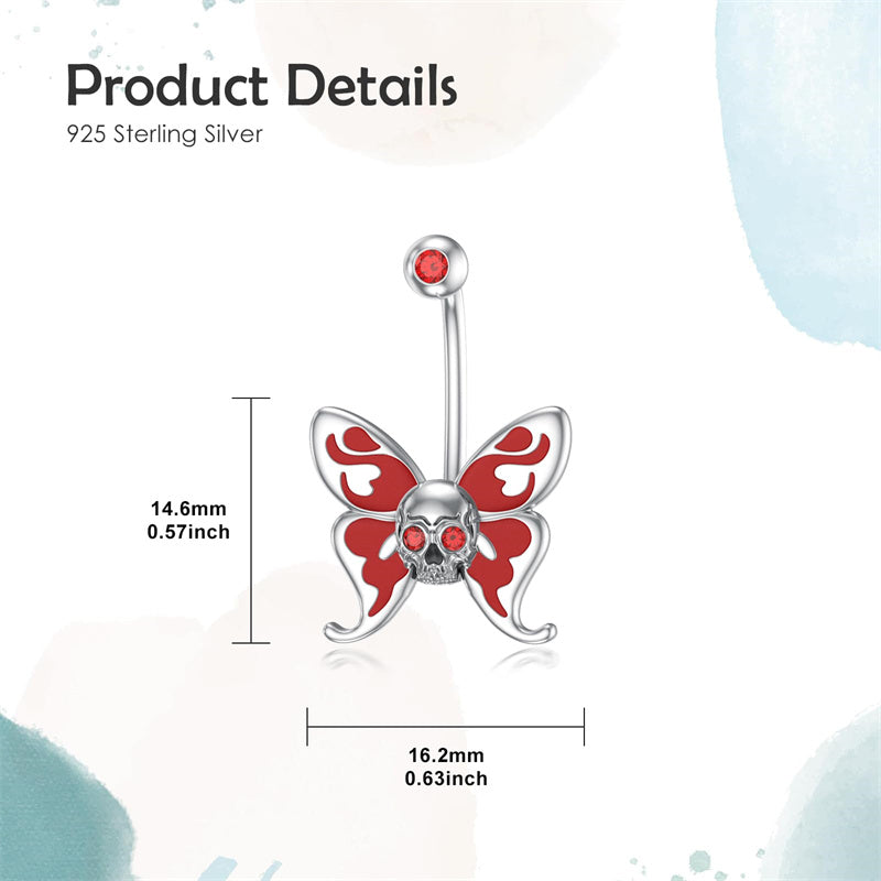 Sterling Silver Cubic Zircon Skull Butterfly Belly Button Ring for Women