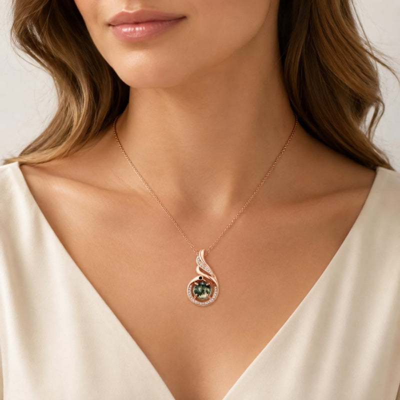 14K Gold Plated Moss Agate Pendant Necklace Boho Jewelry for Women