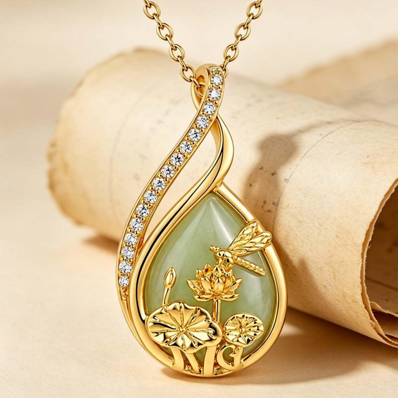 14K Gold Plated Jade Hummingbird Butterfly Dragonfly Turtle Animal Pendant Necklace