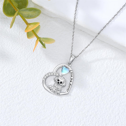 Sterling Silver Moonstone Pug Chihuahua Poodle German Shepherd Maltese Pendant Necklace Engraved wth I Love You Forever