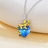 Sterling Silver  Heart Shaped Crystal Tiger Pendant Necklace