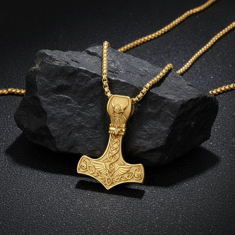 14K Gold Plated Celtic Knot Viking Thor Hammer Pendant Necklace
