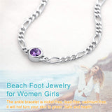 Figaro Anklets for Women, Sterling Silver Diamond Cut 3mm Link Chain Ankle Bracelet with Round Birthstone, Length 8.5"-10.5"