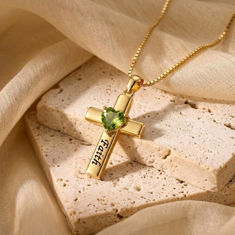 14K Gold Plated Heart Birthstone Cross Necklace for Women Engraved with Faith