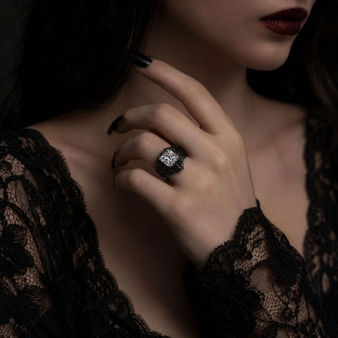 Sterling Silver 10K 14K 18K Gold Moissanite Gothic Black  Engagement Wedding Ring  for Women