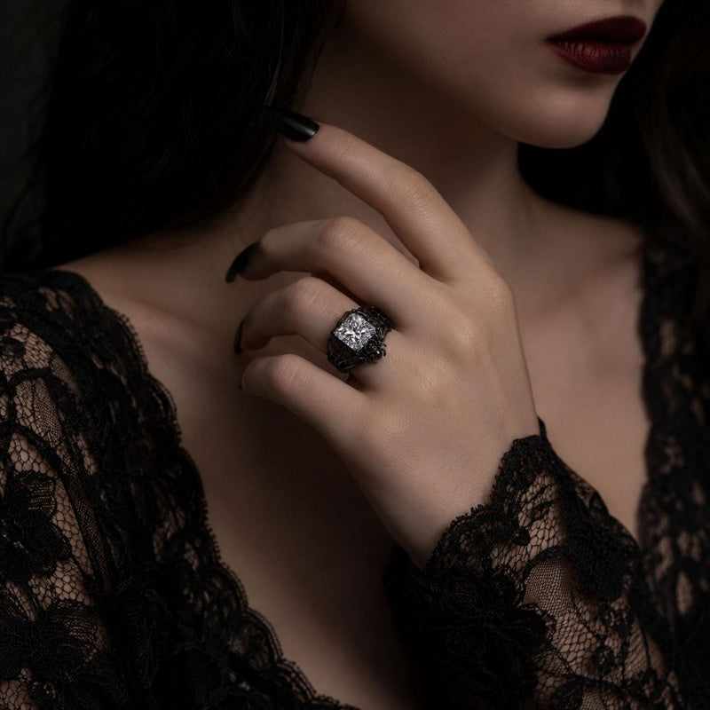 Sterling Silver 10K 14K 18K Gold Moissanite Gothic Black  Engagement Wedding Ring  for Women