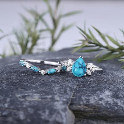 Sterling Silver 10K 14K 18K Gold Turquoise Engagement  Wedding Ring Set for Women