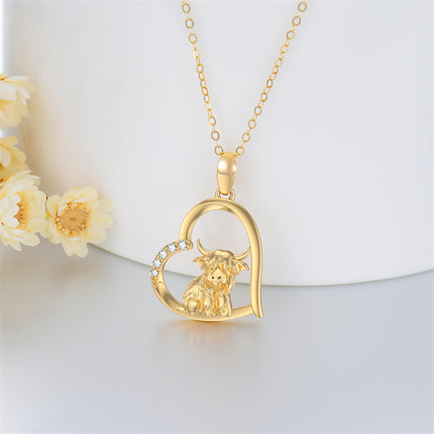 14K Gold Heart Highland Cow Pendant Necklace