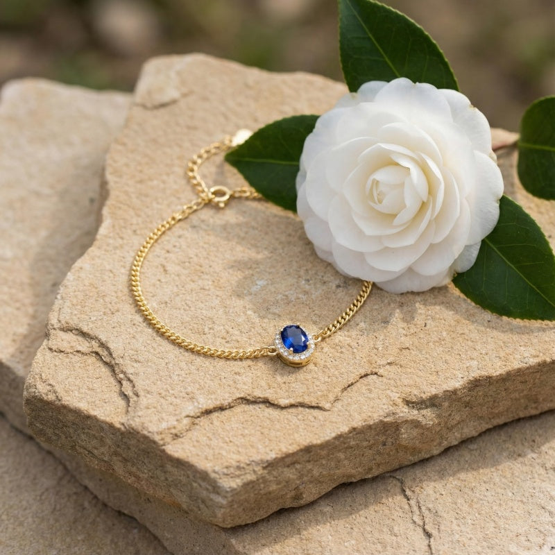 14K Gold Plated Halo Oval Birthstone Cuban Chain Bracelets for Her