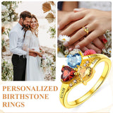 Sterling Silver Personalized 3 Heart Birthstone Engraved Ring for Women