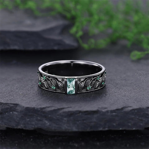 Sterling Silver 10K 14K 18K Gold Natural Leaf  Moss Agate Engagement Anniversary Couple Ring Sets