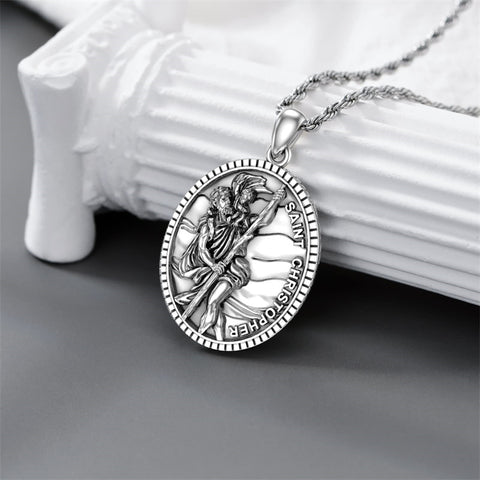 Sterling Silver Saint Michael Saint Christopher Amulet Pendant Necklace for Men