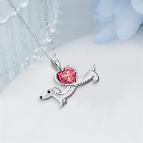 Sterling Silver Heart Birthstone  Dachshund Pendant Necklace