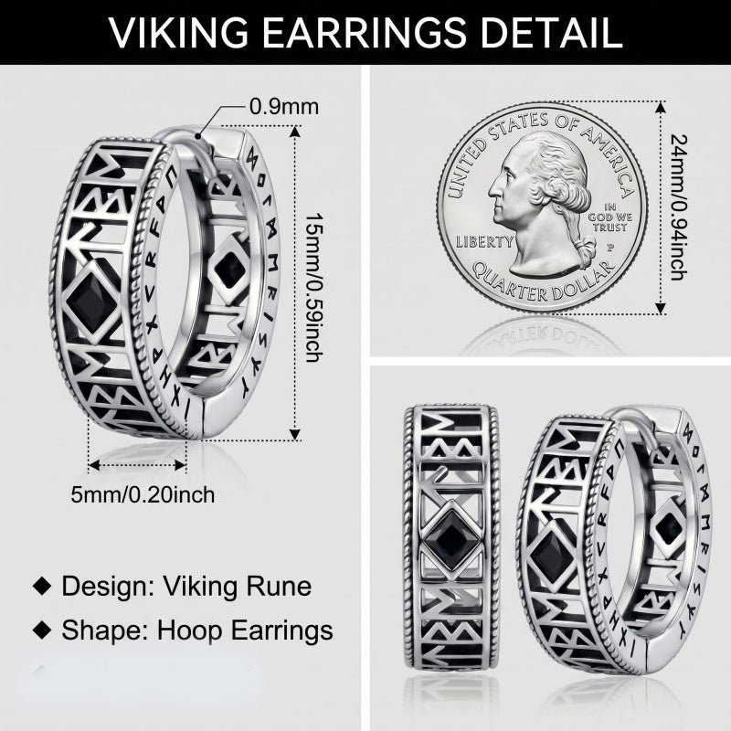 14K Gold Plated  Cubic Zircon Norse Viking Runes Hoop Earrings Viking Jewelry Gift for Men