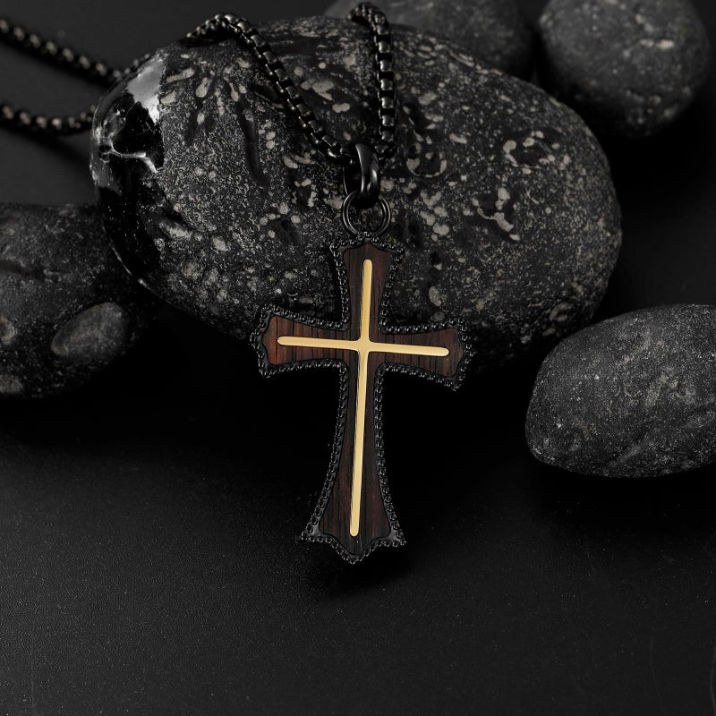 14K Gold Plated Wooden Abalone Shell Cross Pendant Necklacefor Men