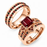 Sterling Silver 10K 14K 18K Gold Personalized Engraved  Halloween Dark Red Gemstone Couple Ring Set