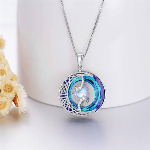 Sterling Silver Crystal Heart Birthstone Moon Star Pendant Necklace