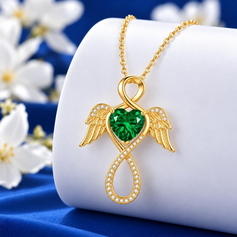 14K Gold Plated 12-Month Birthstone Infinity Angel Wings Pendant Necklace for Women